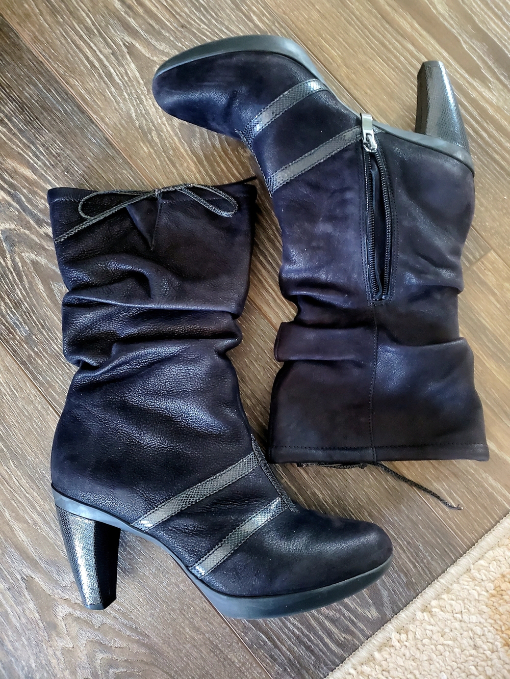 Umberto Raffini Black Leather Slouch Mid-Calf Heeled Boots Size 7